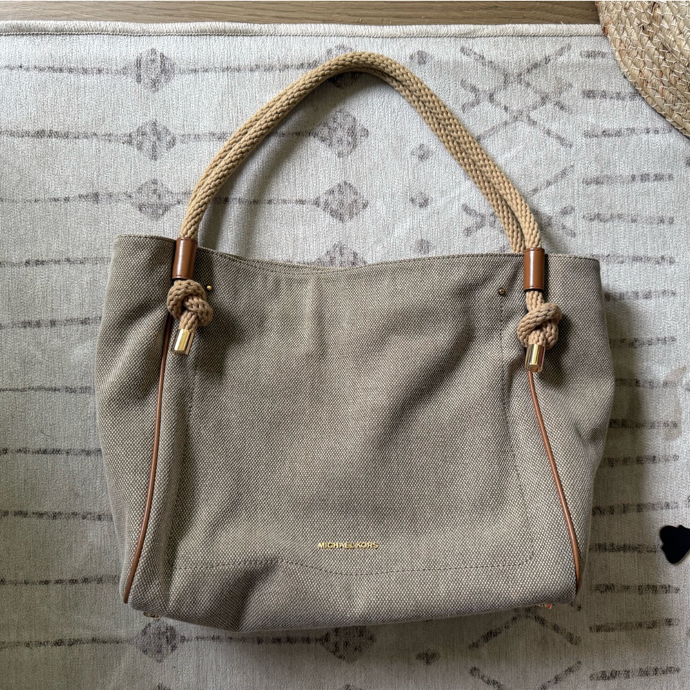 MICHAEL KORS Beige Canvas Rope-Handle Tote with Gold Accents